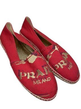 PRADA Women’s Espadrille Flats  Red Canvas with Gold Embroidered Logo – Size 8.5